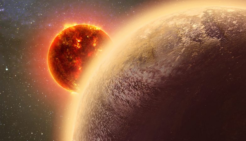 Impressão de artista de GJ 1132b, um exoplaneta rochoso muito parecido com a Terra no que toca ao tamanho e massa, que orbita uma anã vermelha.