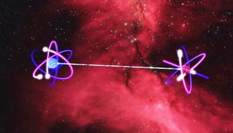 Conceito artístico do entrelaçamento quântico de dois átomos