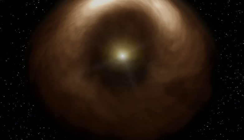 Impressão de artista de um anel de poeiras em redor da jovem estrela HD 142527. A poeira em torno da estrela tem uma distribuição assimétrica