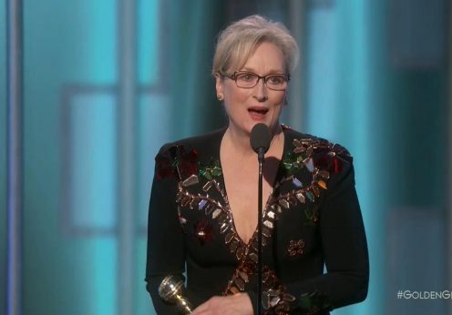 Meryl Streep na cerimónia de entrega do prémio Cecil B. Demille, nos Globos de Ouro 2017