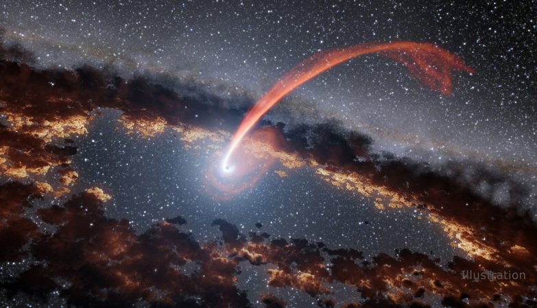 Ilustração de artista que mostra uma estrela a ser devorada por um buraco negro supermassivo