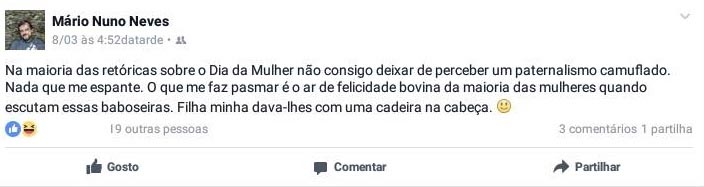 Publicação do vereador da Maia, Mário Nuno Neves, no Facebook, a 8 de Março de 2017.