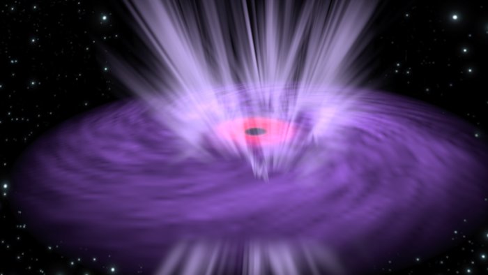 Impressão de artista que ilustra um buraco negro supermassivo com emissão de raios-X e ventos ultrarrápidos