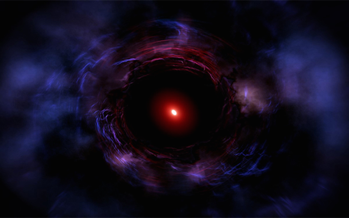 Impressão de artista da galáxia ZF-COSMOS-20115 que expeliu todo o gás que despoletou a sua rápida formação estelar e crescimento, o que rapidamente a tornou numa galáxia compacta e avermelhada.