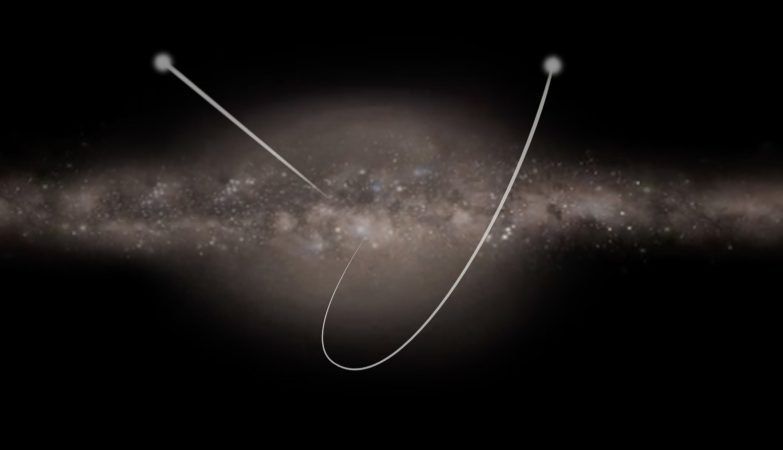 Impressão de artista de duas estrelas a viajarem do centro da nossa Galáxia, a Via Láctea, para os seus arredores