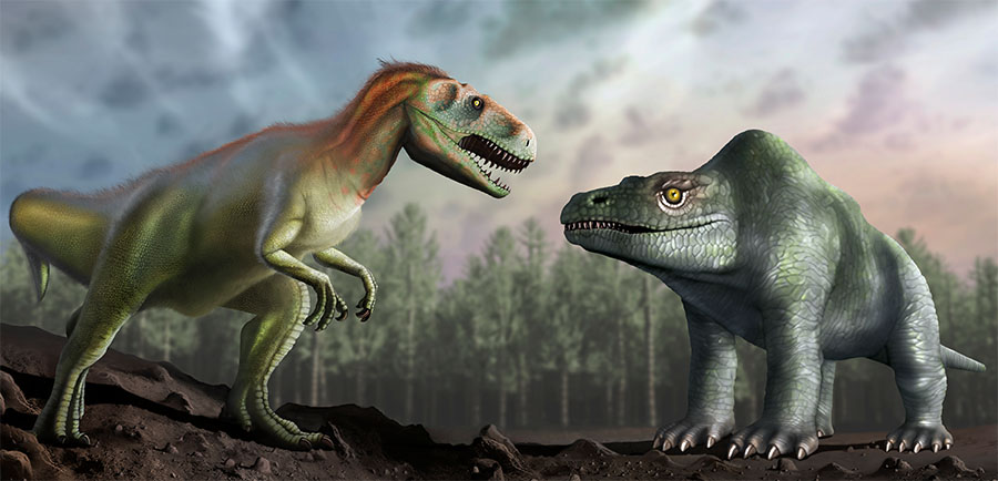 Ilustração da forma como os paleontólogos antigos acreditavam que o Megalosaurus era (direita), em comparação com o que se acha agora sobre o dinossauro (esquerda). 