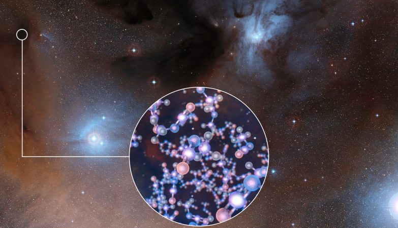 A região de formação estelar onde foi descoberto o isocianato de metilo, encontrando-se destacada a estrutura molecular deste composto químico.