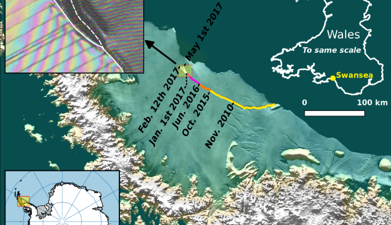 Imagem de satélite mostra a região da plataforma Larsen C que ameaça separar-se da Antártida, vista a 1 de Maio