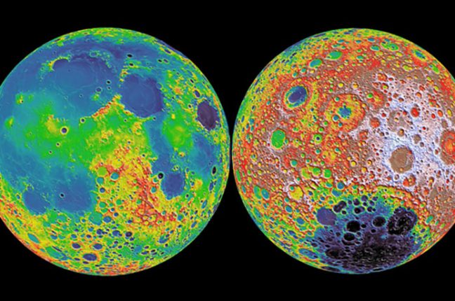 Os terrenos altos (vermelhos) e baixos (azuis) na superfície da lua podem preservar um registo da atmosfera lunar precoce. À esquerda está o lado que é visível através da terra.