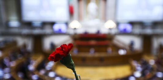 Uma mão a segurar um cravo na Assembleia da República, durante as cerimónias do 25 de Abril