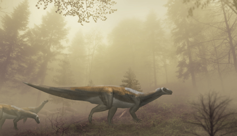 Reconstrução artística do dinossauro, com base nas pegadas com 220 milhões de anos