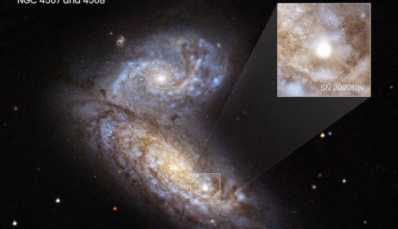 Supernova SN 2020fqv a explodir dentro das galáxias Borboleta em interação