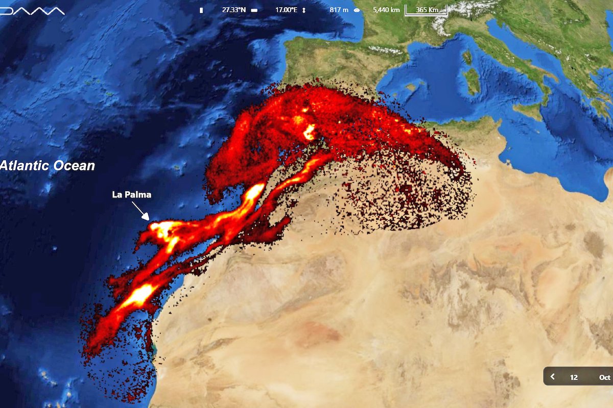 Nuvem de dióxido de enxofre do vulcão de La Palma chega à Península Ibérica