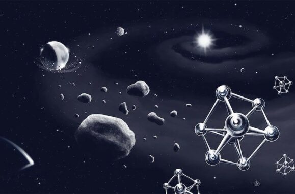 Ilustração de formação planetária em torno de uma estrela parecida com o Sol, com os blocos de construção dos planetas - rochas e moléculas de ferro - no plano da frente.