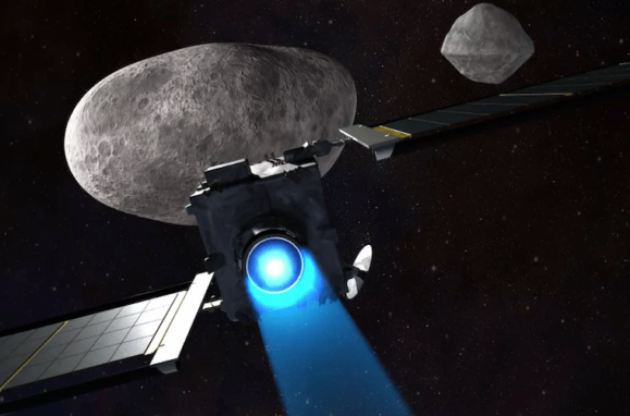 Representação artística da nave espacial DART a aproximar-se de Dimorphos