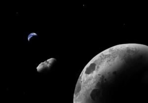 Impressão artística do asteróide Kamo'oalewa, perto do sistema Terra-Lua