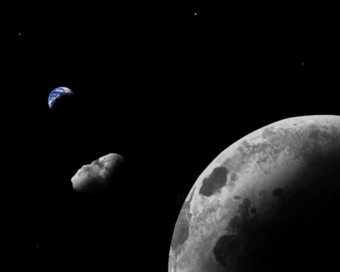 Impressão artística do asteróide Kamo'oalewa, perto do sistema Terra-Lua