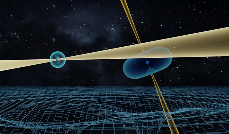 Impressão artística do sistema duplo, onde dois pulsares ativos se orbitam um ao outro em apenas 147 minutos.