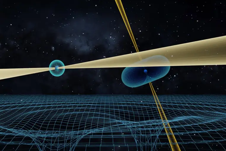 Impressão artística do sistema duplo, onde dois pulsares ativos se orbitam um ao outro em apenas 147 minutos.