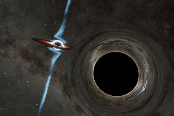 Nesta ilustração, a luz de um buraco negro mais pequeno (à esquerda) é curvada em torno de um buraco negro maior e forma uma imagem quase espelhada do outro lado.