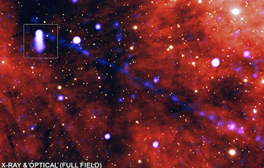 Estrella muerta (y fugitiva) atrapada arrojando antimateria a través del espacio
