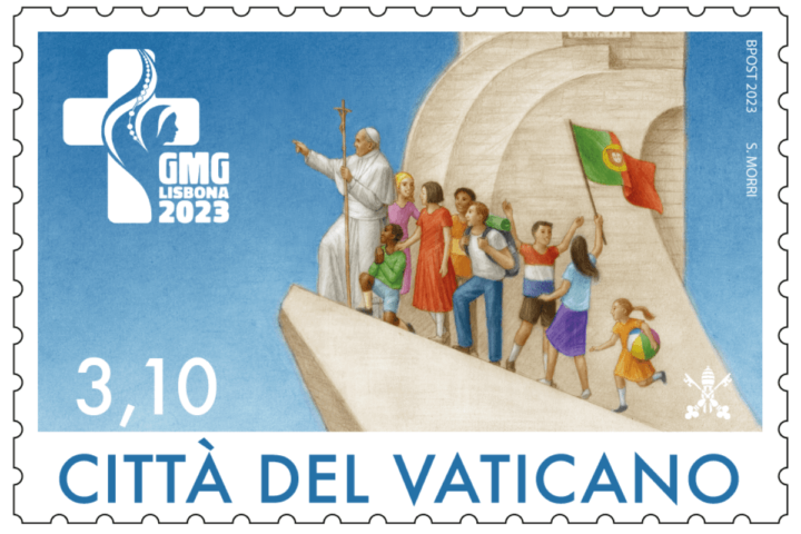Selo comemorativo do Vaticano da Jornada Mundial da Juventude em Lisboa, em 2023.