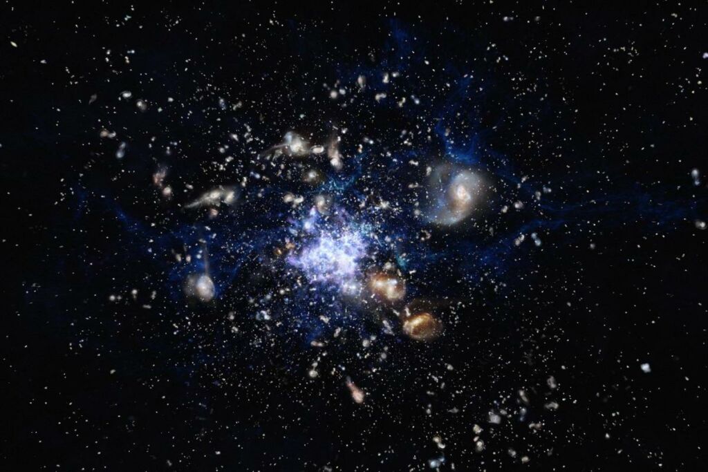 Impressão de artista de um protoenxame de galáxias no Universo primitivo, mostrando galáxias a formar novas estrelas e a interagir umas com as outras.
