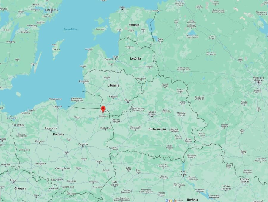 O condado de Suwalki Gap assinalado na fronteira entre Polónia, Lituânia, Bielorrússia e Kaliningrado.