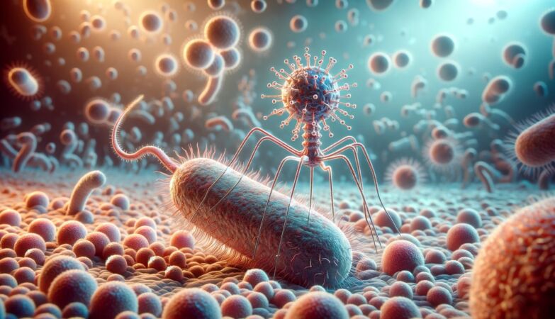 Vírus do tipo fago T4 a atacar uma super-bactéria (conceito artístico)