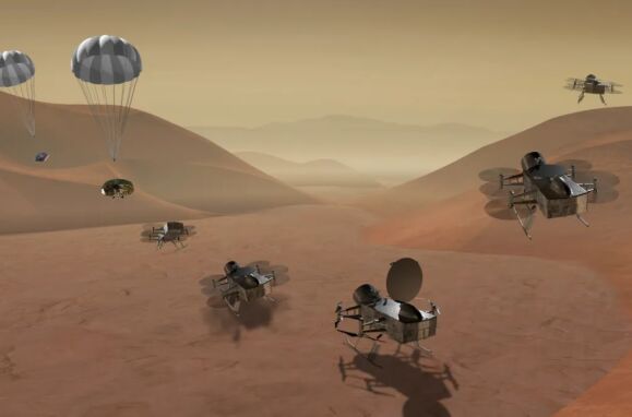 Ilustração que mostra o veículo Dragonfly a aterrar na superfície de Titã, desdobrando os seus rotores e levantando voo novamente para estudar a paisagem e a atmosfera.
