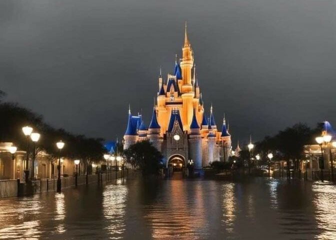 Imagem de IA usada para espalhar fake news sobre suposta destruição do Disney World durante furacão Milton.