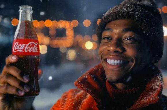 Homem moreno de gorro e sorriso aberto a segurar uma garrafa de Coca-Cola no anúncio de Natal gerado por IA.