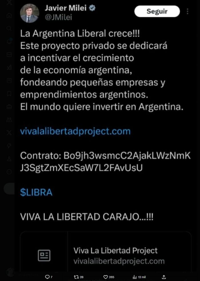 Publicação que Javier Milei apagou no X sobre a criptomoeda $Libra.