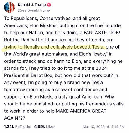 Mensagem de Trump na redes social Truth em apoio a Elon Musk.