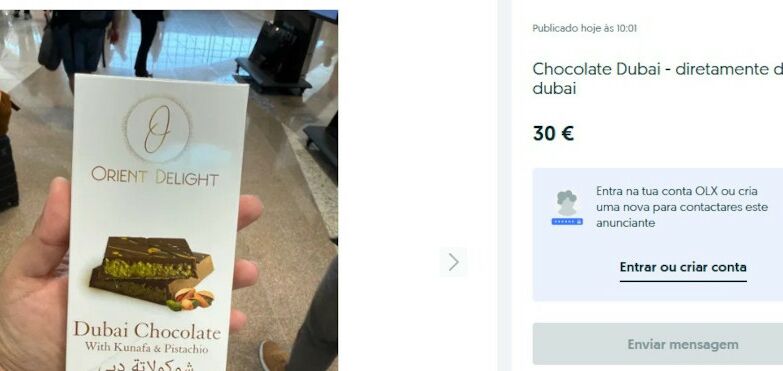 Anúncio de chocolate do Dubai a 30 euros no OLX.